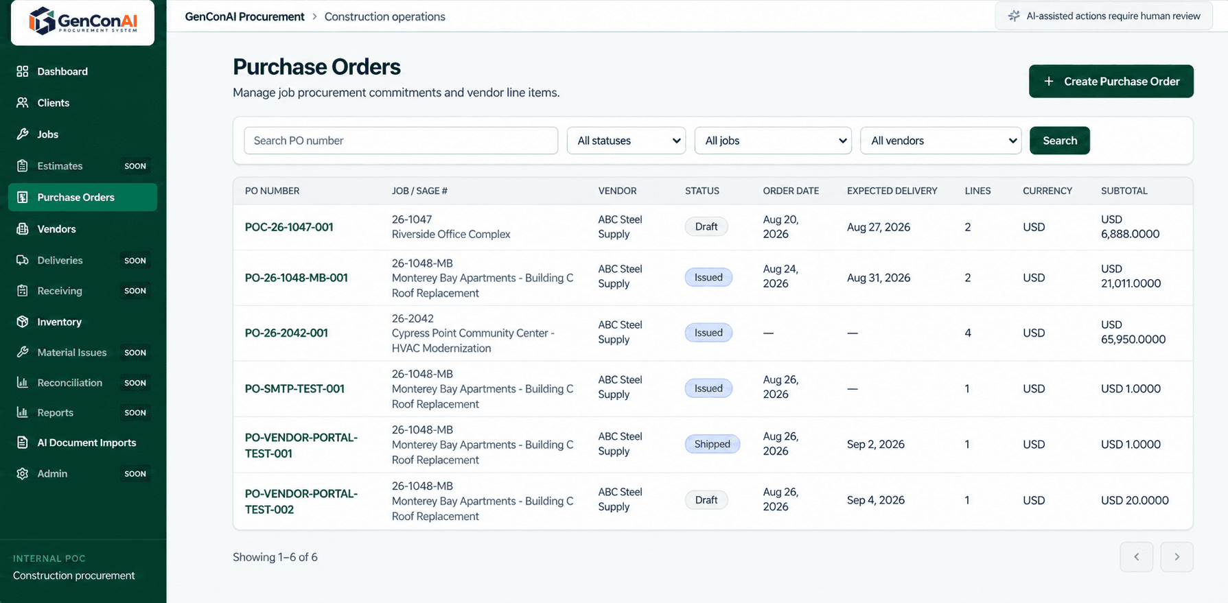 GenConAI purchase order management interface