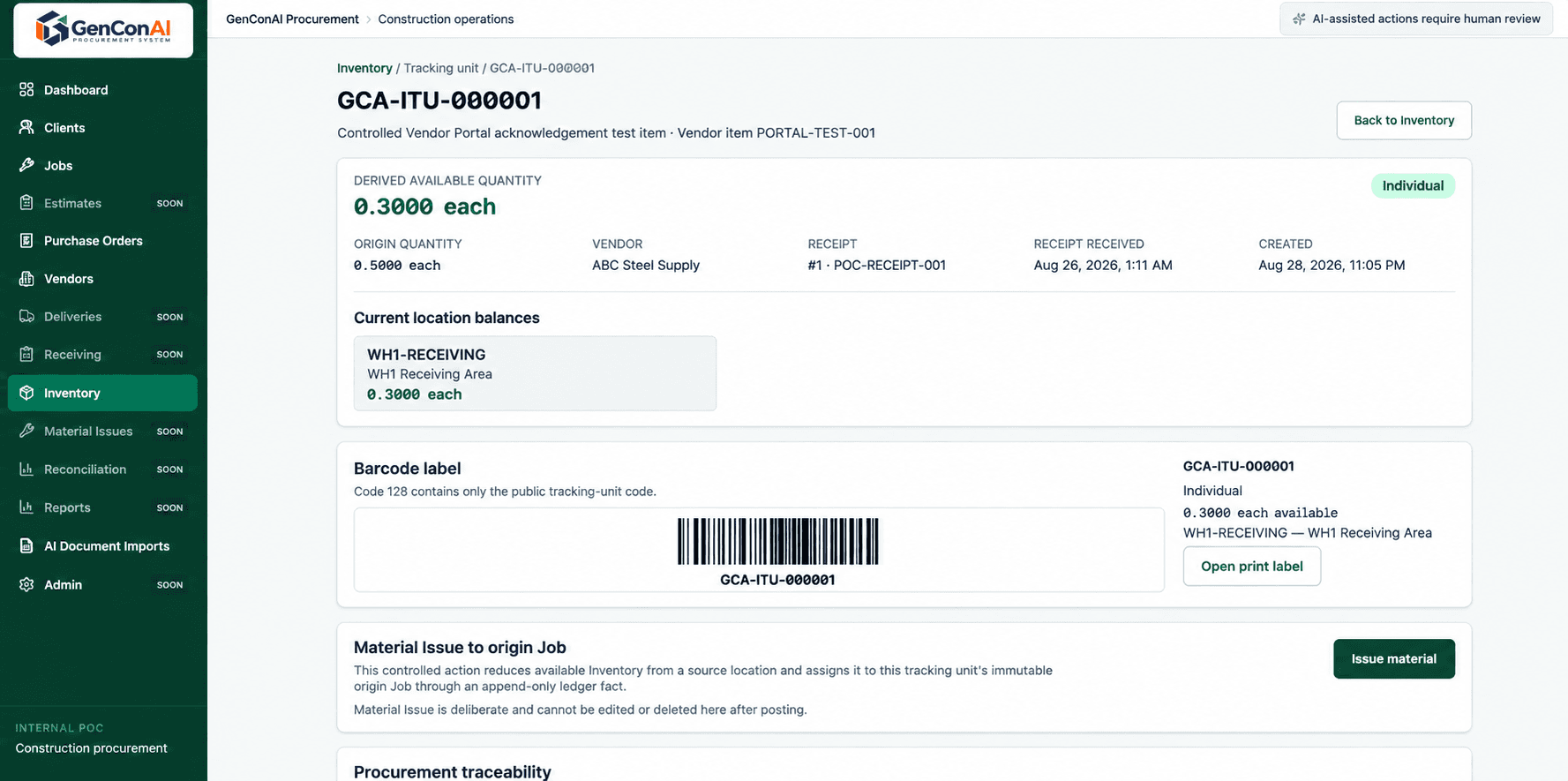 GenConAI inventory tracking-unit and barcode interface